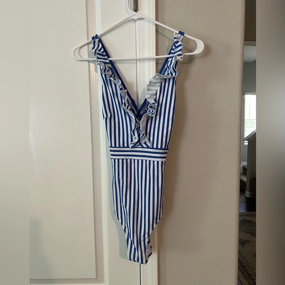 Blue and White Striped Women’s Swimsuit - Picture 2 of 3
